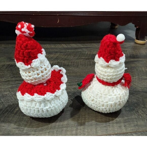 Christmas Handmade Crochet Snowman Snowlady Decoration Red White Vintage - Picture 11 of 13